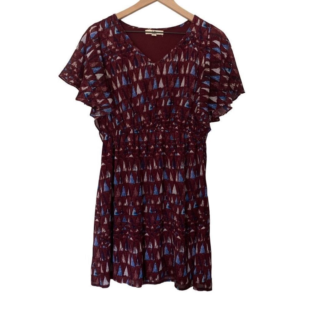 Ya Los Angeles Small Dress Graphic Purple V Neck Ruffle Short Sleeve Fit Flare